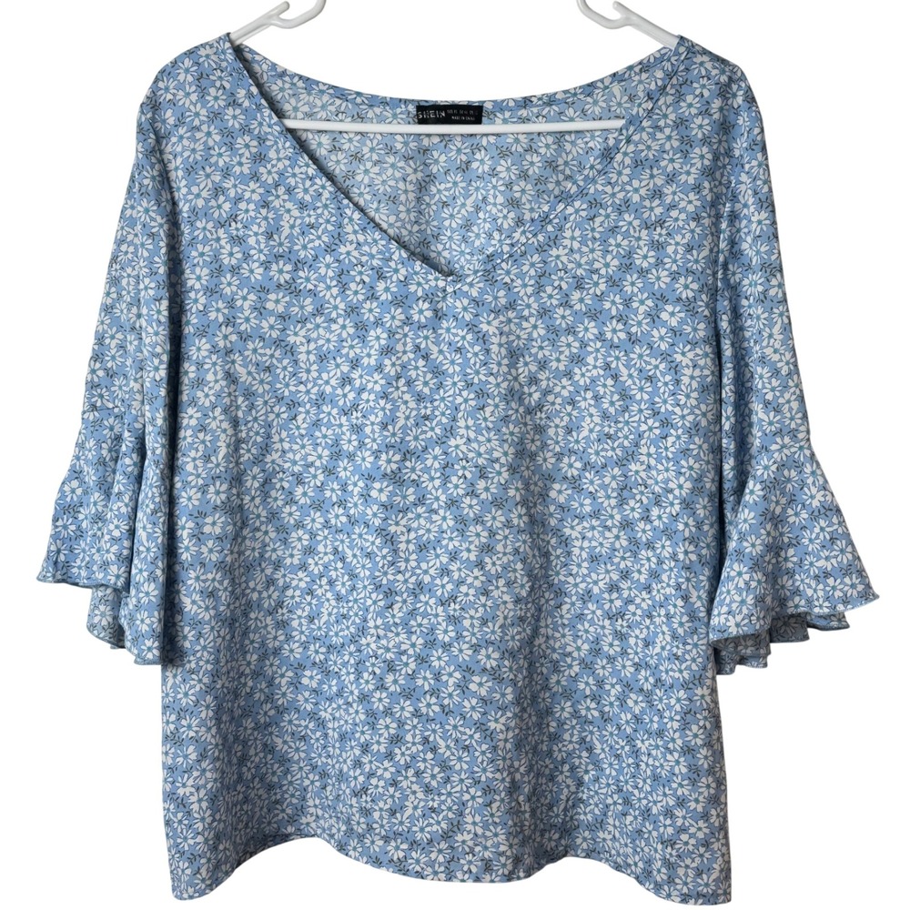 Shein Blouse Women XL Blue Floral Bell Sleeve V-Neck Ditsy Print Boho Top